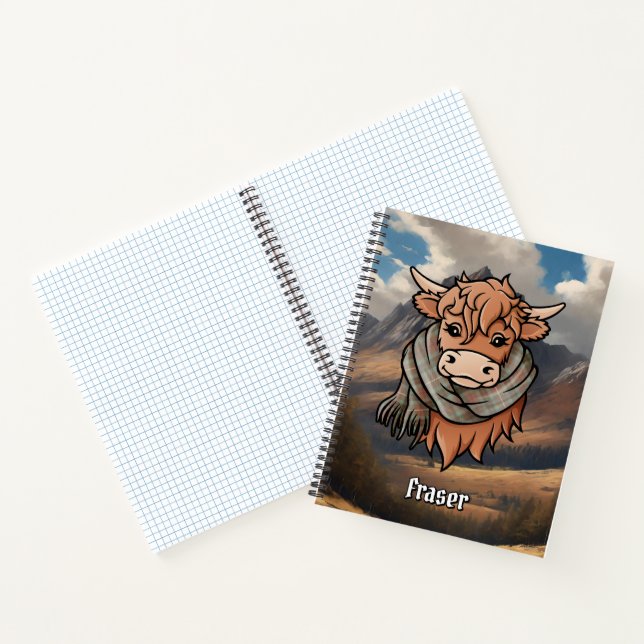 Highland Cow with Fraser Weathered Tartan Scarf Notebook (Inside)