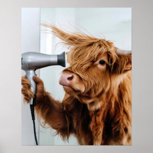 Highland Cow with Hair Dryer Blow Drying Bathroom Poster
