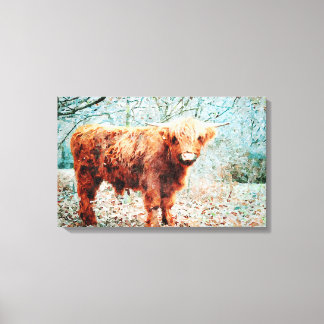 Highland Cow with Horns Watercolour Art Painting Canvas Print