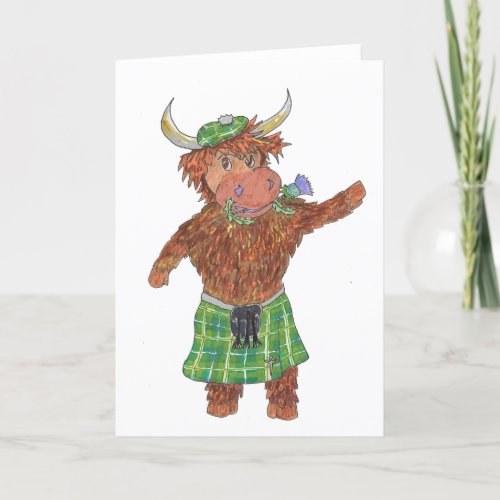 Highland Cow with kilt and thistle flower in mouth Holiday Card