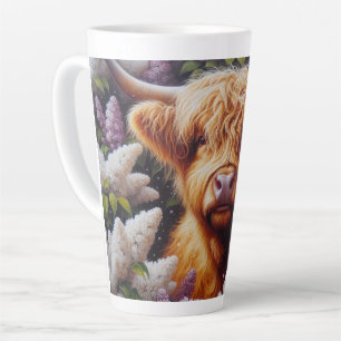 Highland Cow with Lilac Flowers Latte Mug