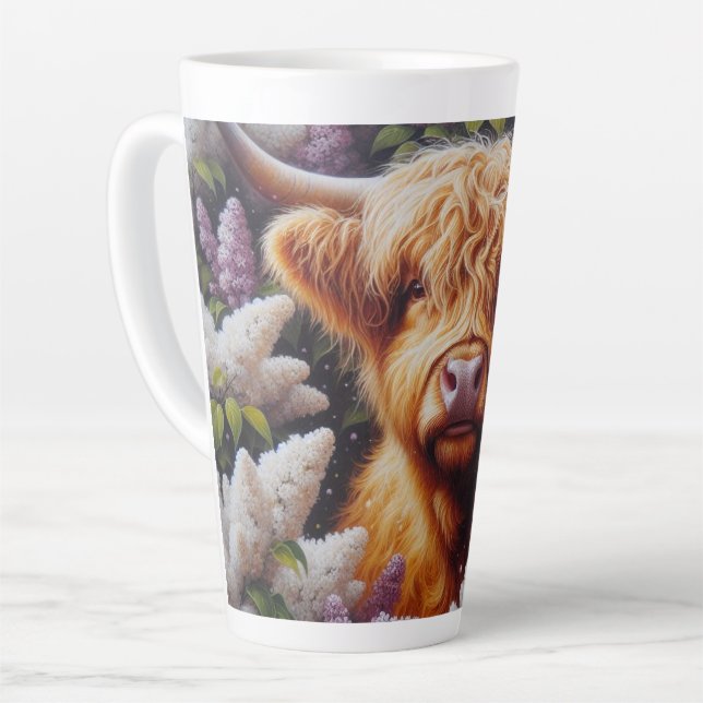 Highland Cow with Lilac Flowers Latte Mug (Left Angle)