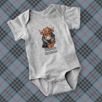 Highland Cow with MacKay Blue Tartan Scarf Baby Bodysuit