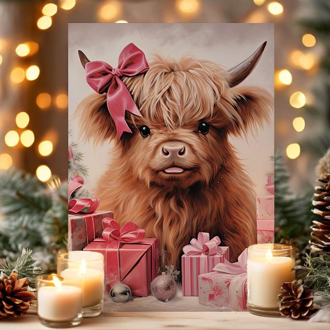 Highland Cow with Pink Bow Christmas Holiday Card (Creator Uploaded)