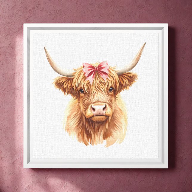 Highland Cow with Pink Bow Watercolor Style Canvas Print (highland cow with pink bow wall art)