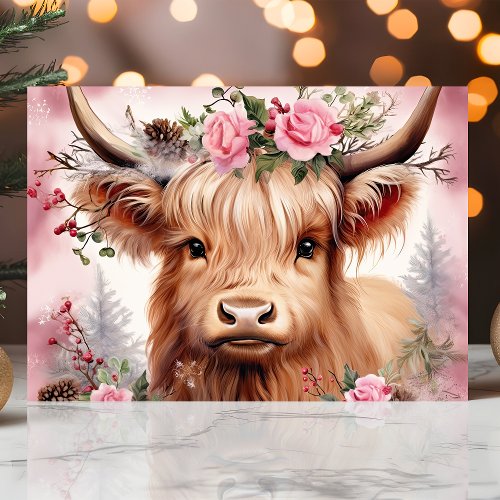 Highland Cow With Pink Roses Festive Christmas Holiday Card