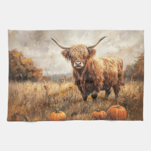 Highland Cow with Pumpkins Kitchen Towel