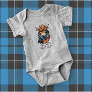 Highland Cow with Ramsay Blue Hunting Tartan Scarf Baby Bodysuit