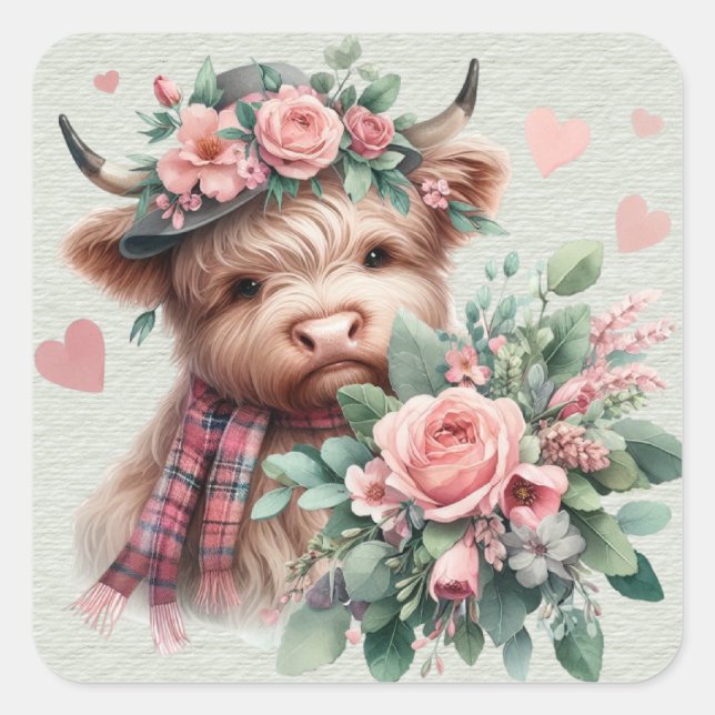 Highland Cow With Roses Headress Bouquet Valentine Square Sticker (Front)