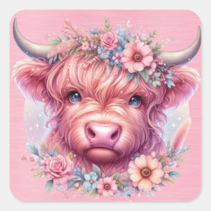 Highland Cow With Roses Headress Square Sticker