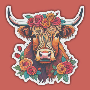 Highland Cow with Roses Waterproof Sticker