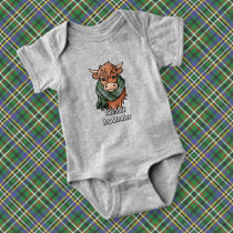 Highland Cow with Scott Green Tartan Scarf Baby Bodysuit