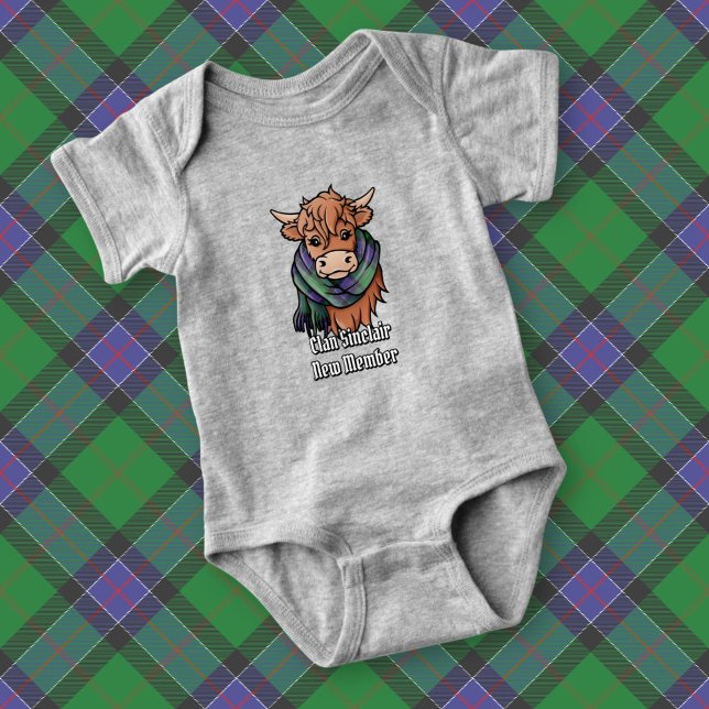 Highland Cow with Sinclair Hunting Tartan Scarf Baby Bodysuit (Creator Uploaded)