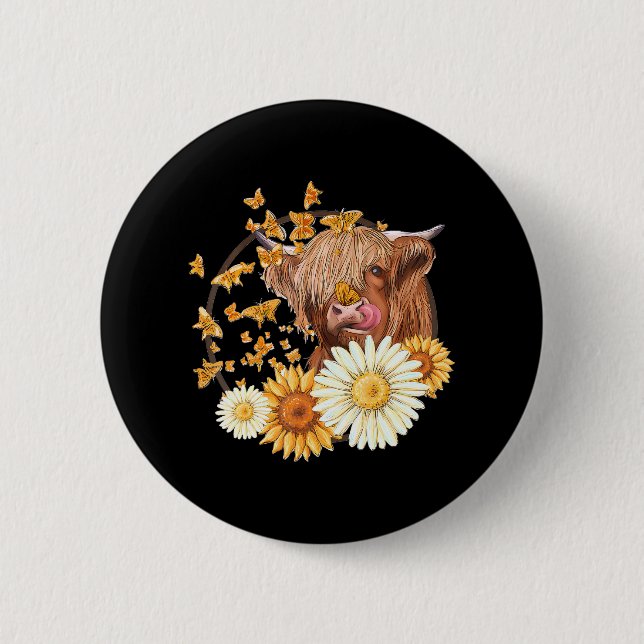 Highland Cow With Sunflower Daisies Butterflies Button (Front)