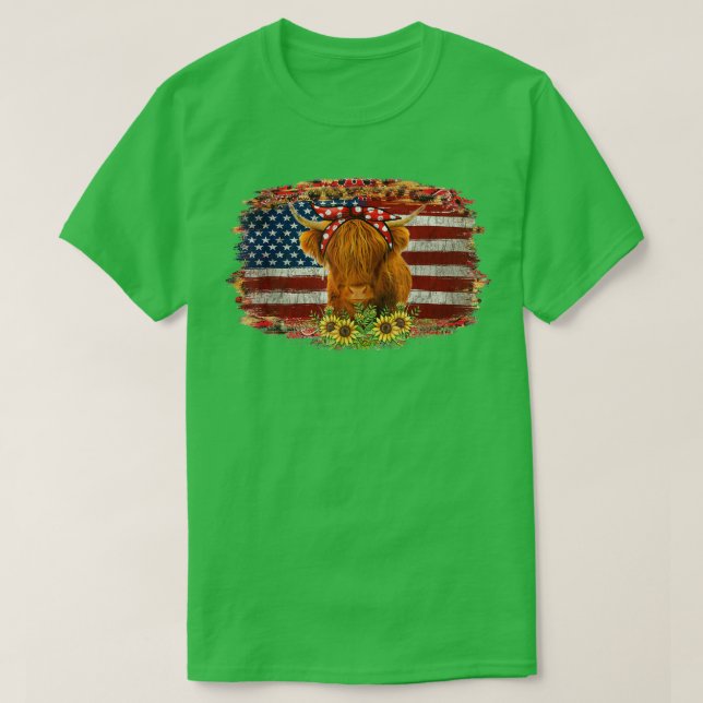 Highland Cow With Sunflower Usa Flag Patriotic Far T-Shirt (Design Front)