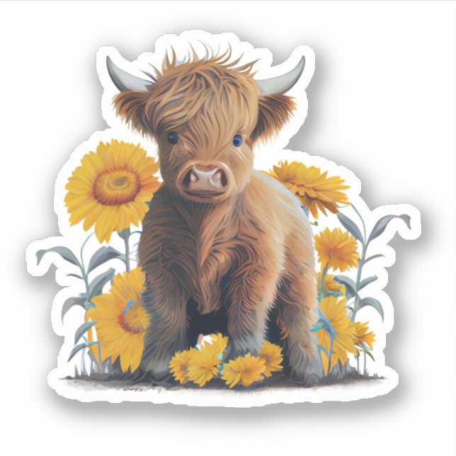 Highland Cow with Sunflowers Custom Cut Vinyl Sticker (Front)