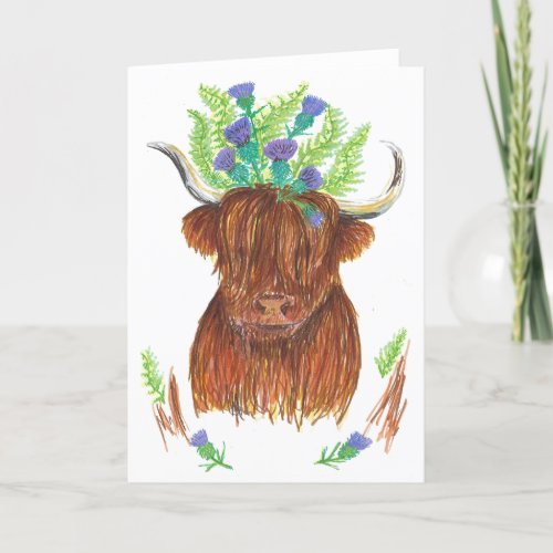 highland cow with thistle and fern hat card