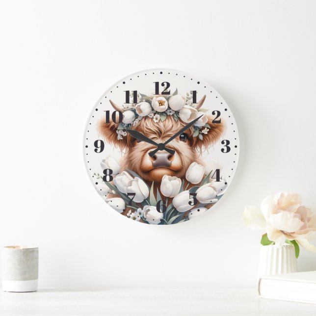 Highland cow with white tulips of wall clock (Home)