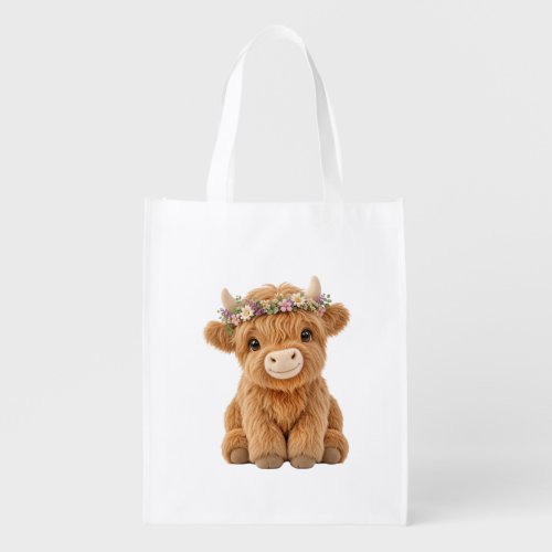 Highland Cow with Wildflower Crown Grocery Bag