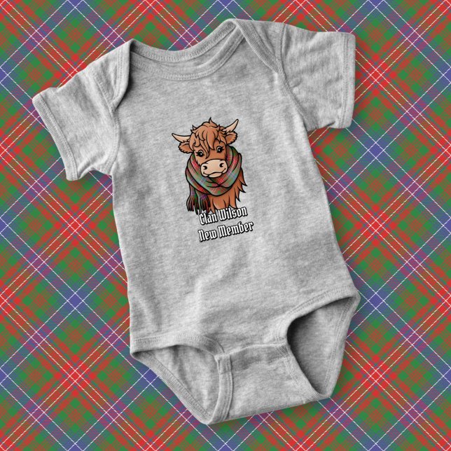 Highland Cow with Wilson Modern Tartan Scarf Baby Bodysuit (Creator Uploaded)