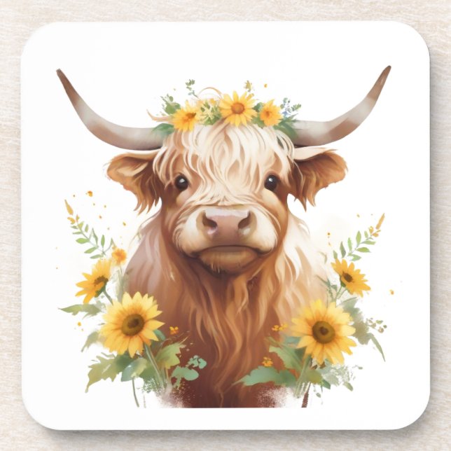 Highland Cow with Yellow Sunflower Flower Crown Beverage Coaster (Front)