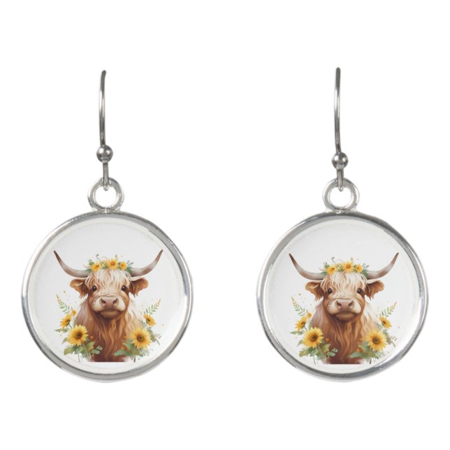 Highland Cow with Yellow Sunflower Flower Crown Earrings (Front)