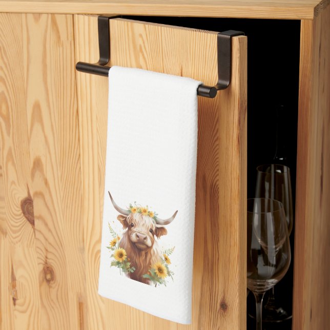 Highland Cow with Yellow Sunflower Flower Crown Kitchen Towel (Thirds Fold)