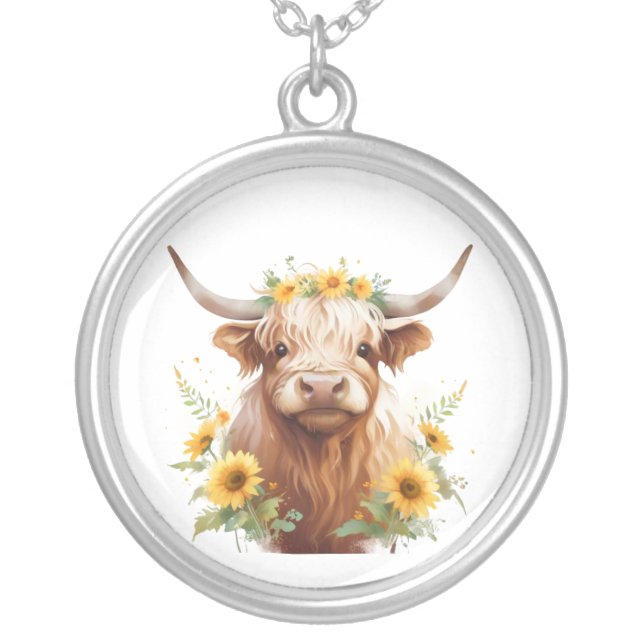 Highland Cow with Yellow Sunflower Flower Crown Silver Plated Necklace (Front)