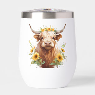 Highland Cow with Yellow Sunflower Flower Crown Thermal Wine Tumbler