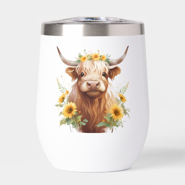 Highland Cow with Yellow Sunflower Flower Crown Thermal Wine Tumbler (Front)