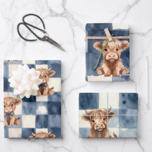 Highland Cow Wrapping Paper Blue Checkered Farm