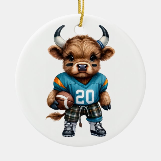 Highland Cows and Football Ceramic Ornament (Front)