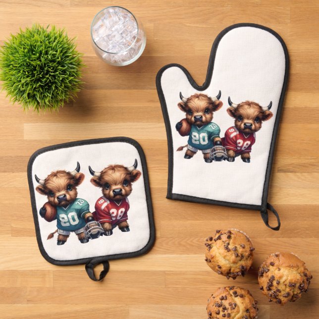 Highland Cows and Football Oven Mitt & Pot Holder Set (Top Down)