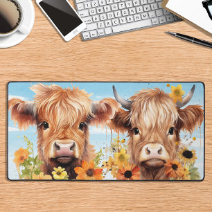Highland Cows Cute Watercolor Floral Farm Animal Desk Mat