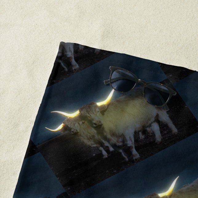 Highland Cows Glowing In The Dark, Beach Towel (In Situ)