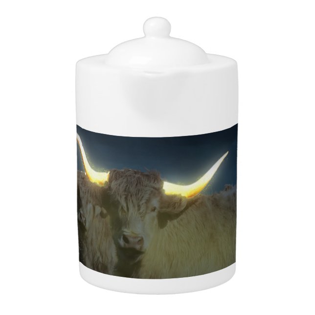 Highland Cows Glowing In The Dark, Teapot (Front)