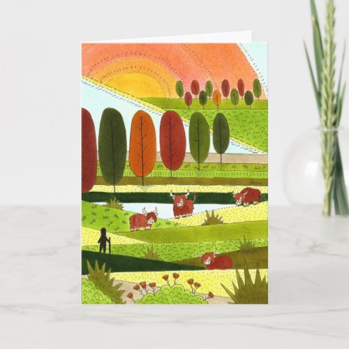 Highland Cows in Autumn Farm Field Card