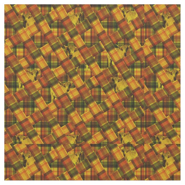 Highland Cows In Crisscross Tartan Design, Fabric (Close Up)