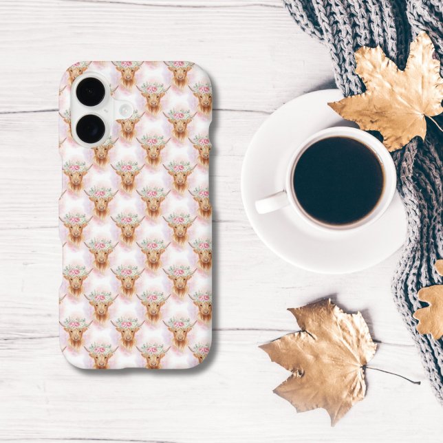 Highland Cows Pink Florals Trendy iPhone Case (Highland cow, pink watercolor florals pattern iPhone case. Available for 17 16 15 14 13 12 11 )