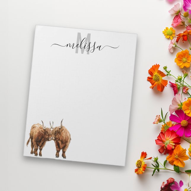 Highland Cows Watercolor Monogram Name Notepad (Creator Uploaded)