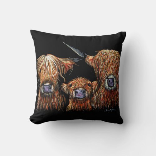 Highland Cows We 3 Coos on Black Pillow Cushion