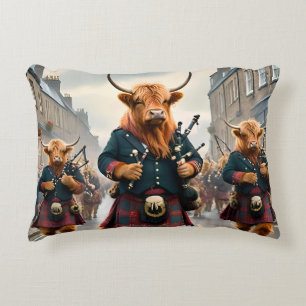 Highland Harmony:  Bagpipe Highland Cow Band  Accent Pillow