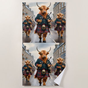 Highland Harmony:  Bagpipe Highland Cow Band  Beach Towel