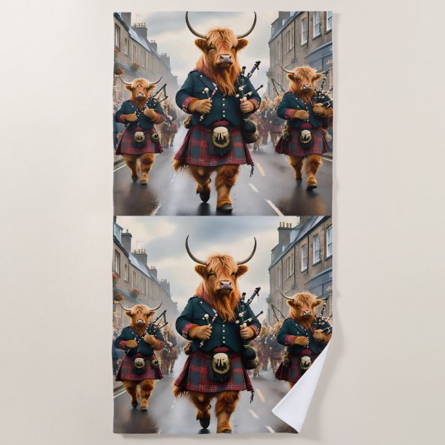 Highland Harmony:  Bagpipe Highland Cow Band  Beach Towel (Front)