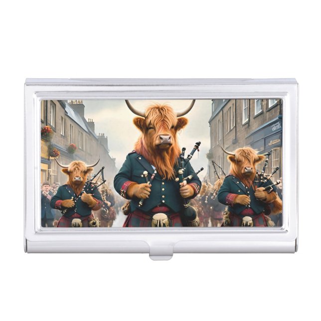 Highland Harmony:  Bagpipe Highland Cow Band  Business Card Case (Front)
