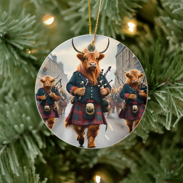 Highland Harmony:  Bagpipe Highland Cow Band  Ceramic Ornament (Tree)