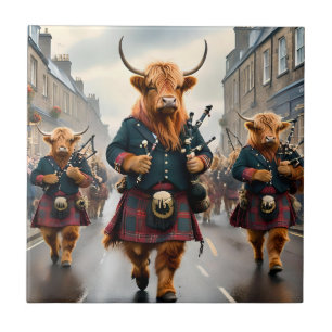 Highland Harmony:  Bagpipe Highland Cow Band  Ceramic Tile