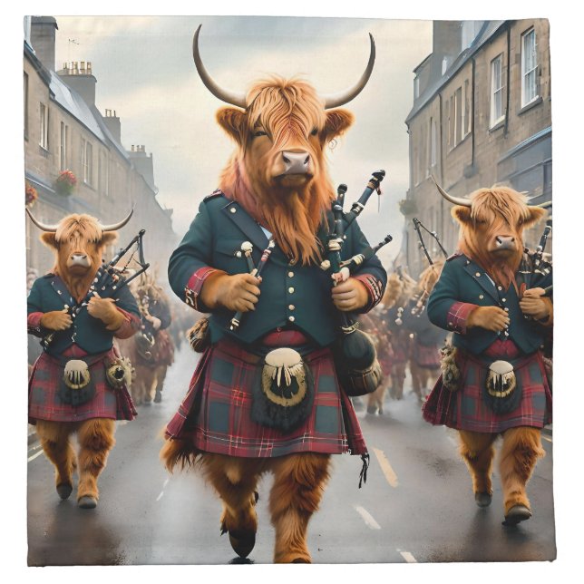 Highland Harmony:  Bagpipe Highland Cow Band  Cloth Napkin (Front)