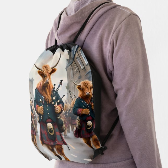 Highland Harmony:  Bagpipe Highland Cow Band  Drawstring Bag (Insitu)