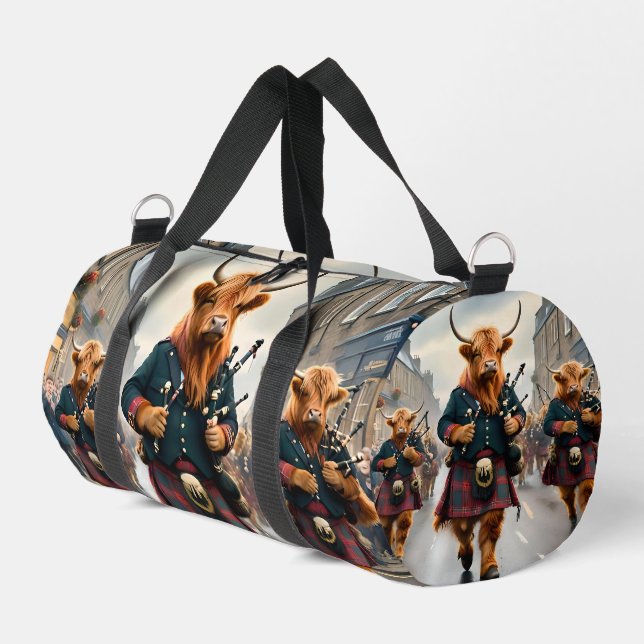 Highland Harmony:  Bagpipe Highland Cow Band  Duffle Bag (Left Corner)